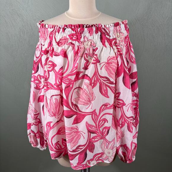 H&M Women's Size Medium Pink Floral Summer Tropical Off Shoulder Tube Blouse Top - Picture 8 of 10